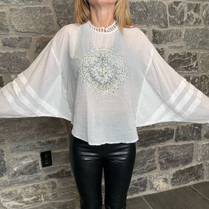 Free People White Jeweled Batwing Blouse size Small